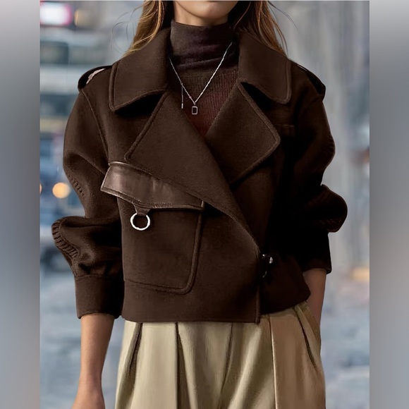 chouyatou Casual Wool Suit Top Open Front Loose Dressy Blazer Jacket Trench Coat - Picture 1 of 4